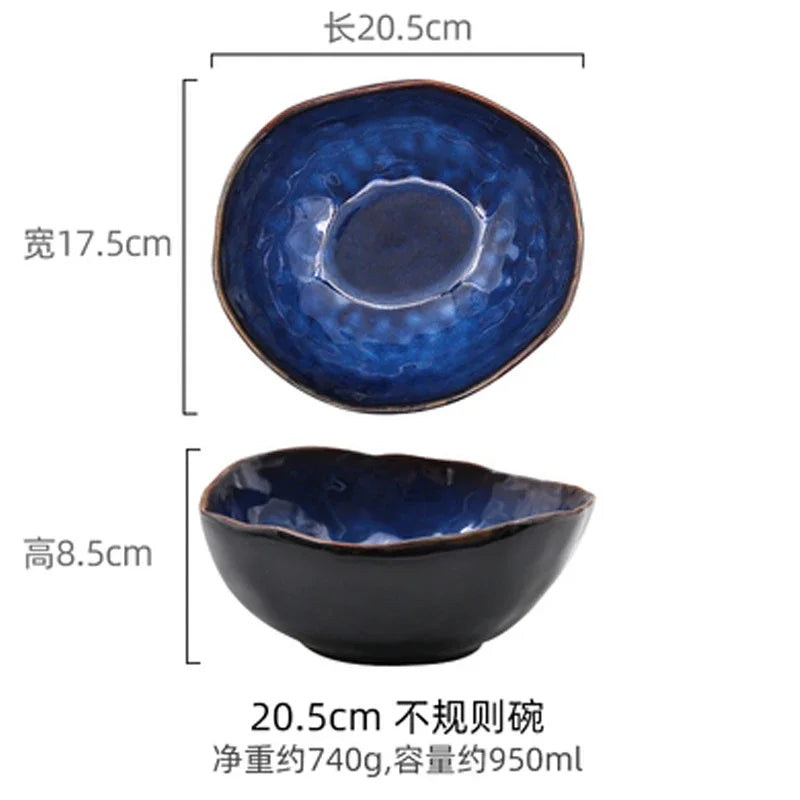 Blue Glaze Artisan Ceramic Dinner Plate & Salad Bowl Set — Irregular Edge Tableware
