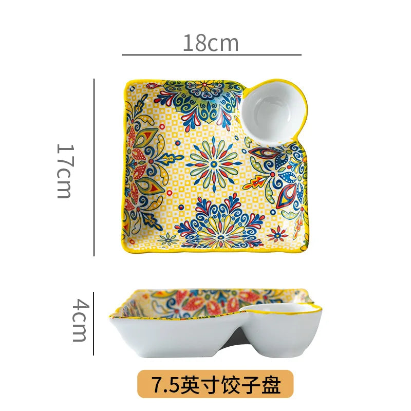 Divided Ceramic Plate with Sauce Dish — Persian-Style Tableware for Mezze & Dips