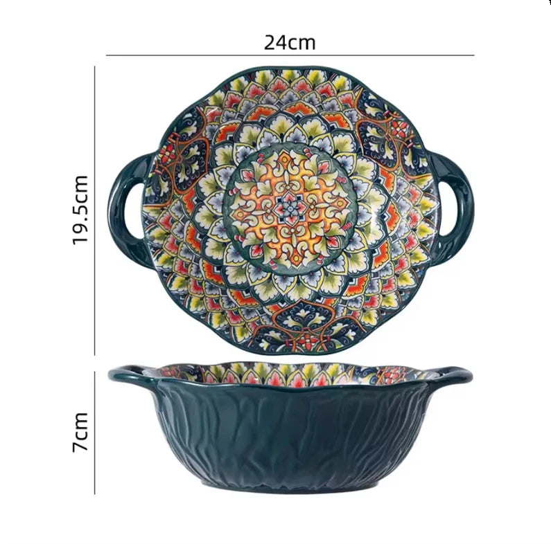 Bohemian Ceramic Tableware Set — 7 Piece with Dessert Plates, Steak Plate, Pasta & Soup Bowls