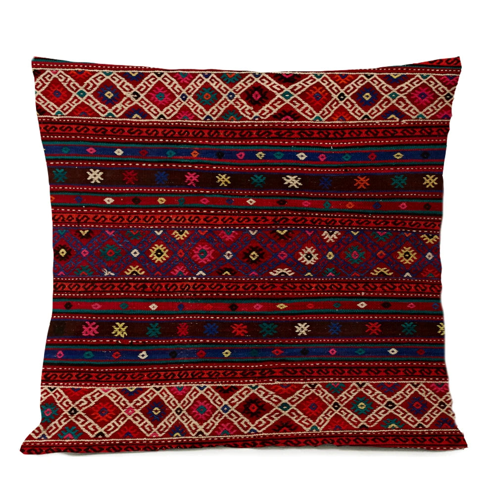 Ethnic Persian Carpet Cushion Cover — Geometric Red & Blue Tribal Pattern, 45x45cm or 50x50cm