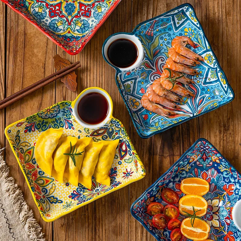 Divided Ceramic Plate with Sauce Dish — Persian-Style Tableware for Mezze & Dips