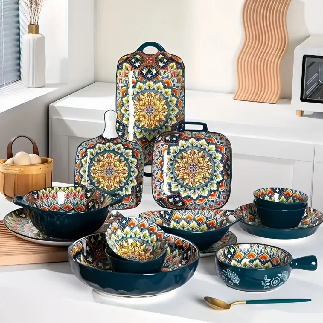 Bohemian Ceramic Tableware Set — 7 Piece with Dessert Plates, Steak Plate, Pasta & Soup Bowls