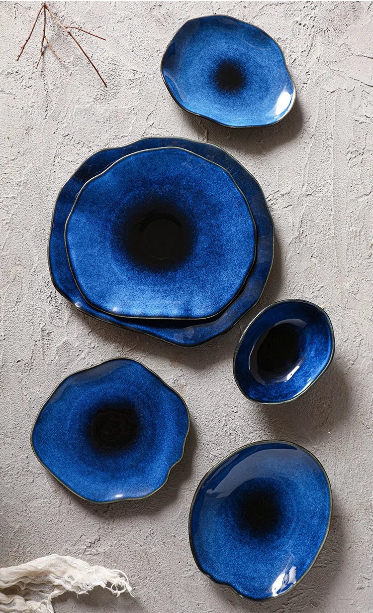 Cat Eye Blue Ceramic Flat Plate — Irregular Artisan Dinnerware & Display Dish