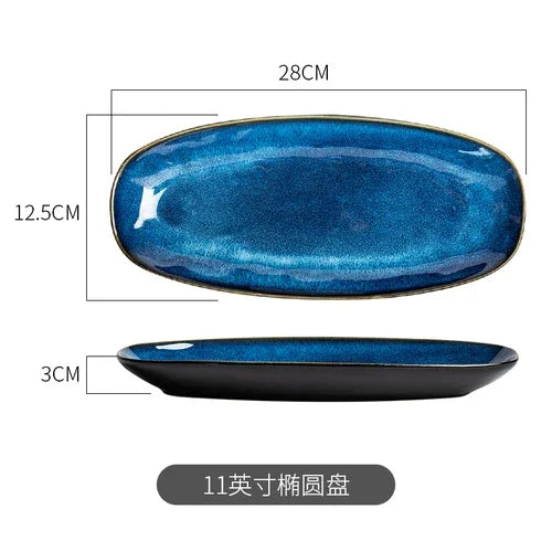 Blue Kiln-Change Ceramic Tableware Set — Reactive Glaze Bowls & Dinner Plates