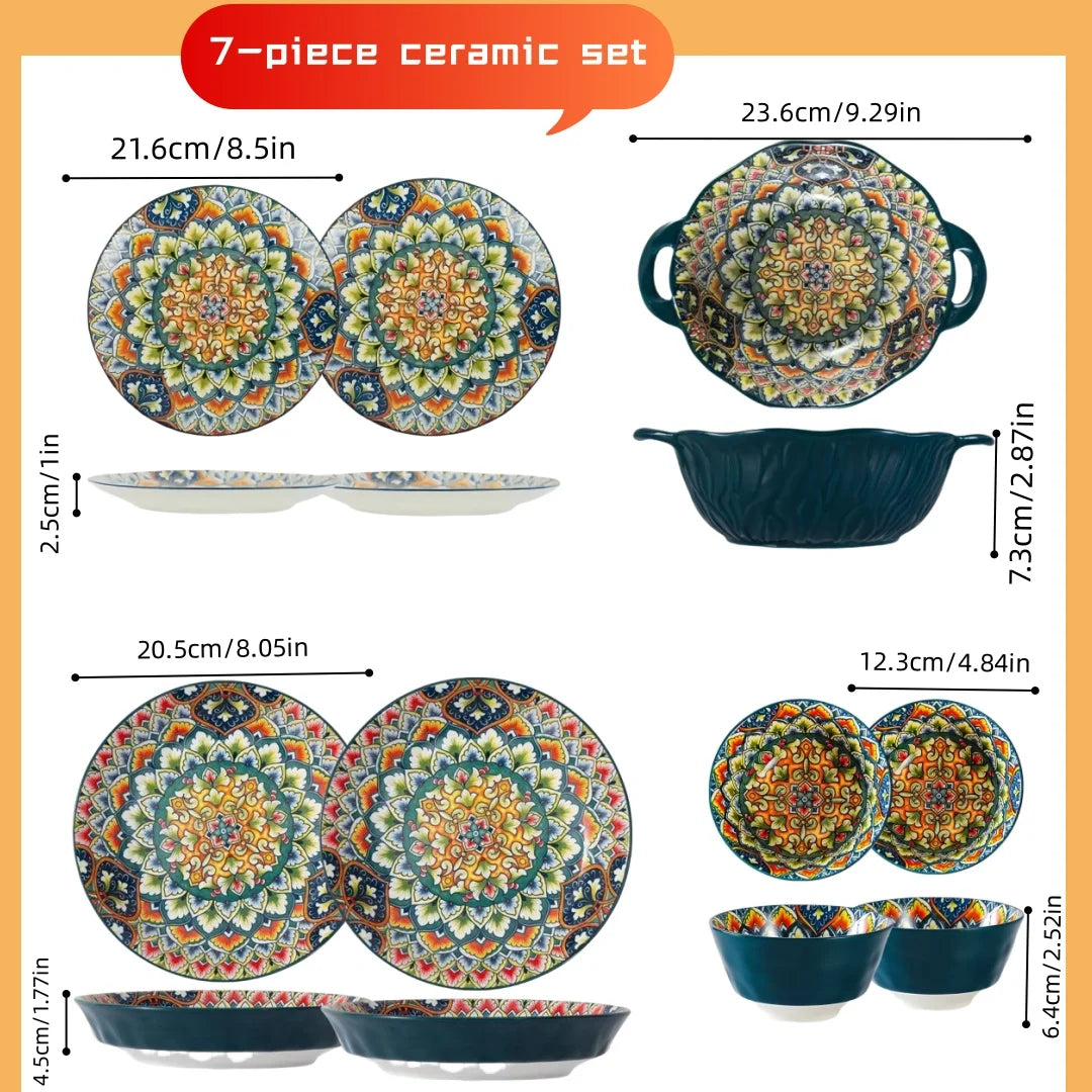 Bohemian Ceramic Tableware Set — 7 Piece with Dessert Plates, Steak Plate, Pasta & Soup Bowls