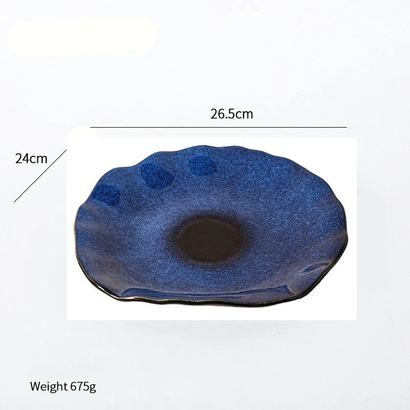 Cat Eye Blue Ceramic Flat Plate — Irregular Artisan Dinnerware & Display Dish