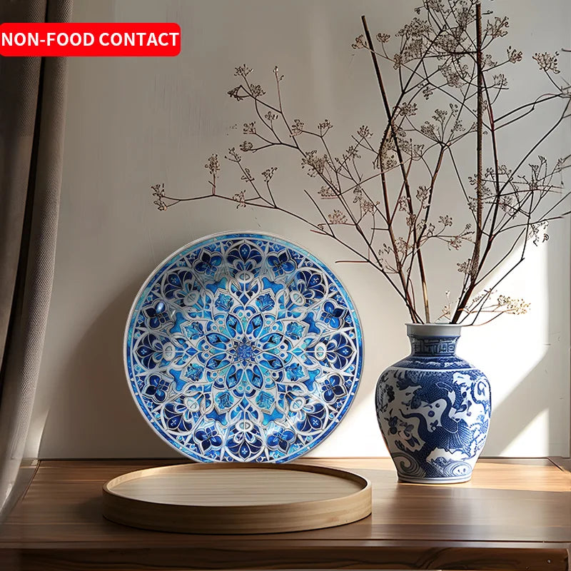 Vibrant Persian Blue Floral Mandala Ceramic Decor Plate - Hanging Wall Art， Suitable for families, living rooms, and offices