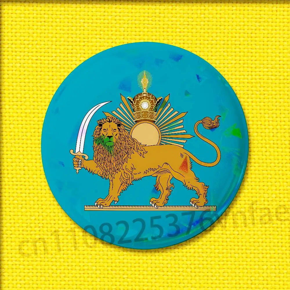 Imperial Coat of Arms of Iran Round Pin Badge — Lion, Sun & Crown Brooch in 4 Sizes