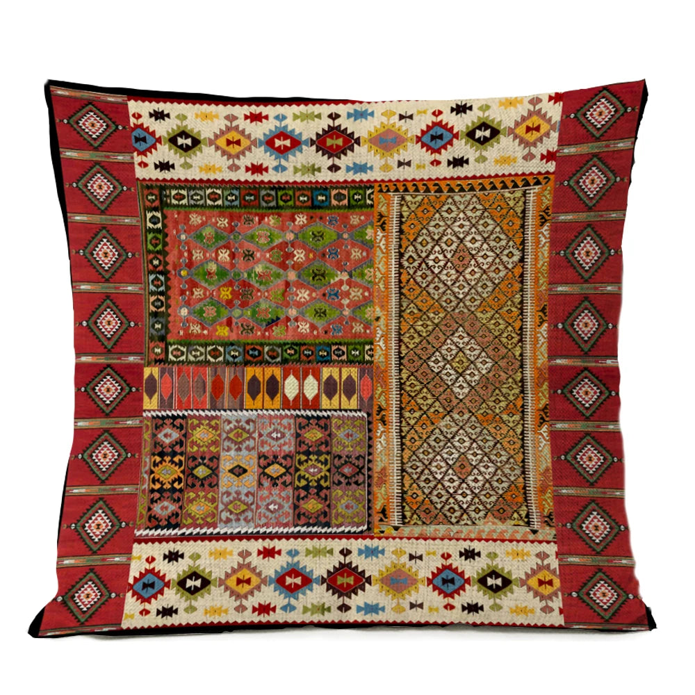Ethnic Persian Carpet Cushion Cover — Geometric Red & Blue Tribal Pattern, 45x45cm or 50x50cm