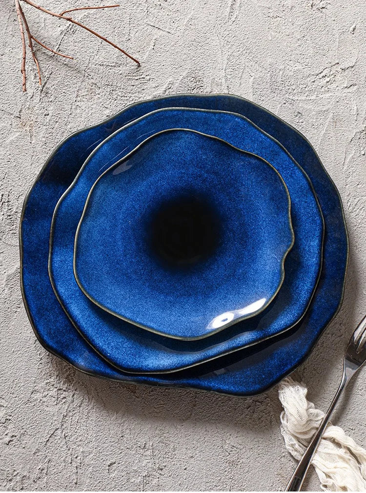 Cat Eye Blue Ceramic Flat Plate — Irregular Artisan Dinnerware & Display Dish
