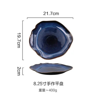 Blue Glaze Artisan Ceramic Dinner Plate & Salad Bowl Set — Irregular Edge Tableware
