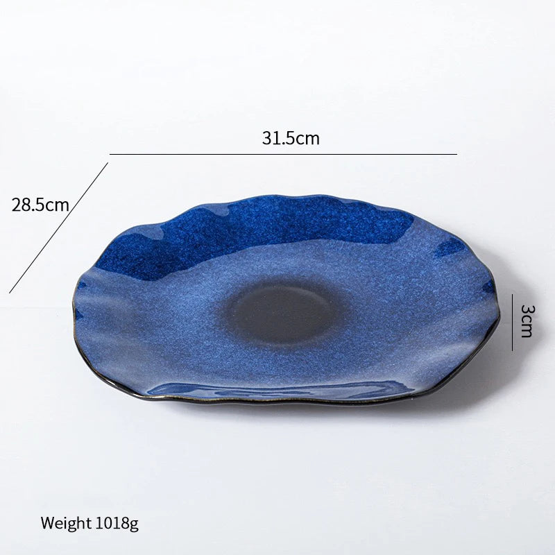 Cat Eye Blue Ceramic Flat Plate — Irregular Artisan Dinnerware & Display Dish
