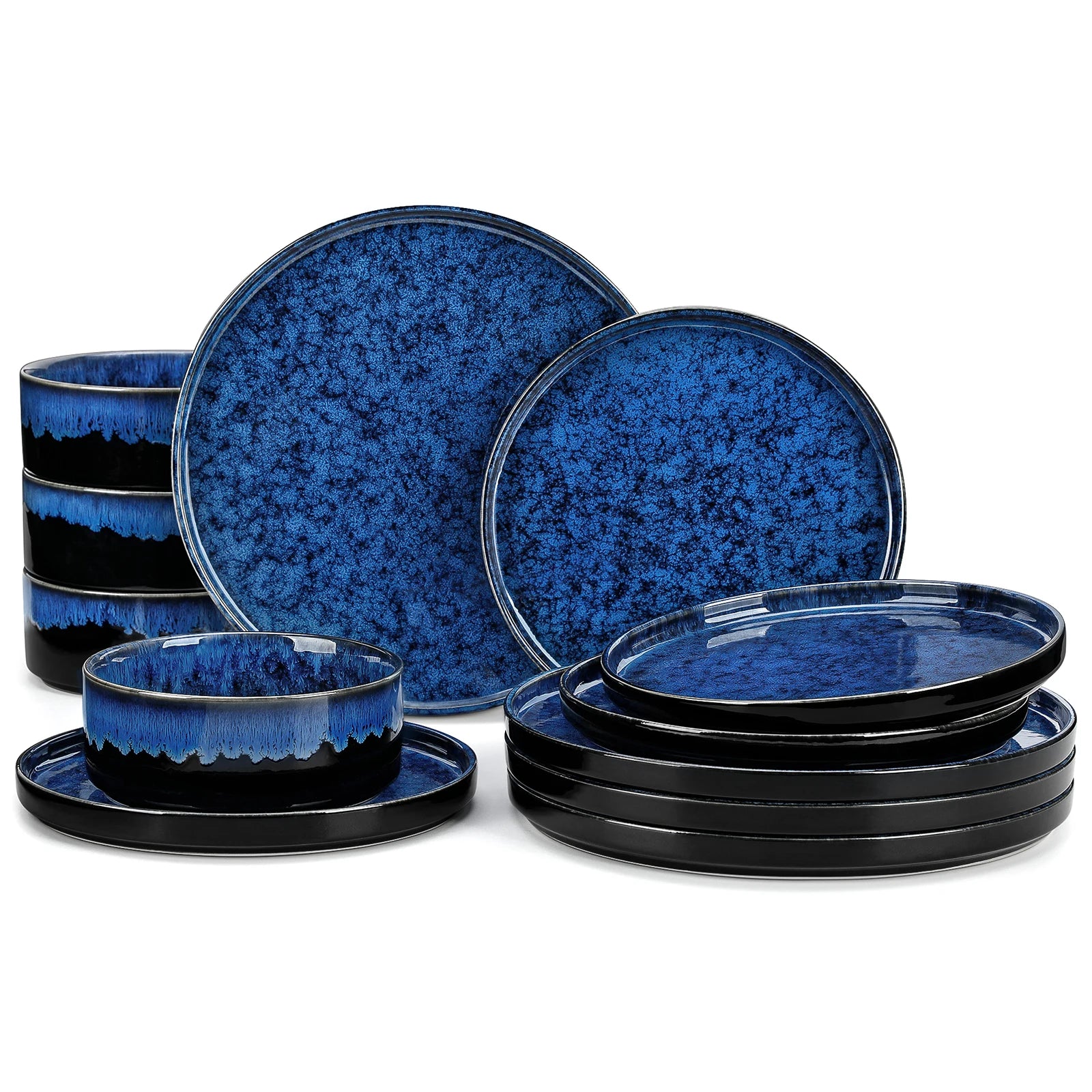 Black & Blue Reactive Glaze Ceramic Dinner Set — 12 or 24 Piece Tableware