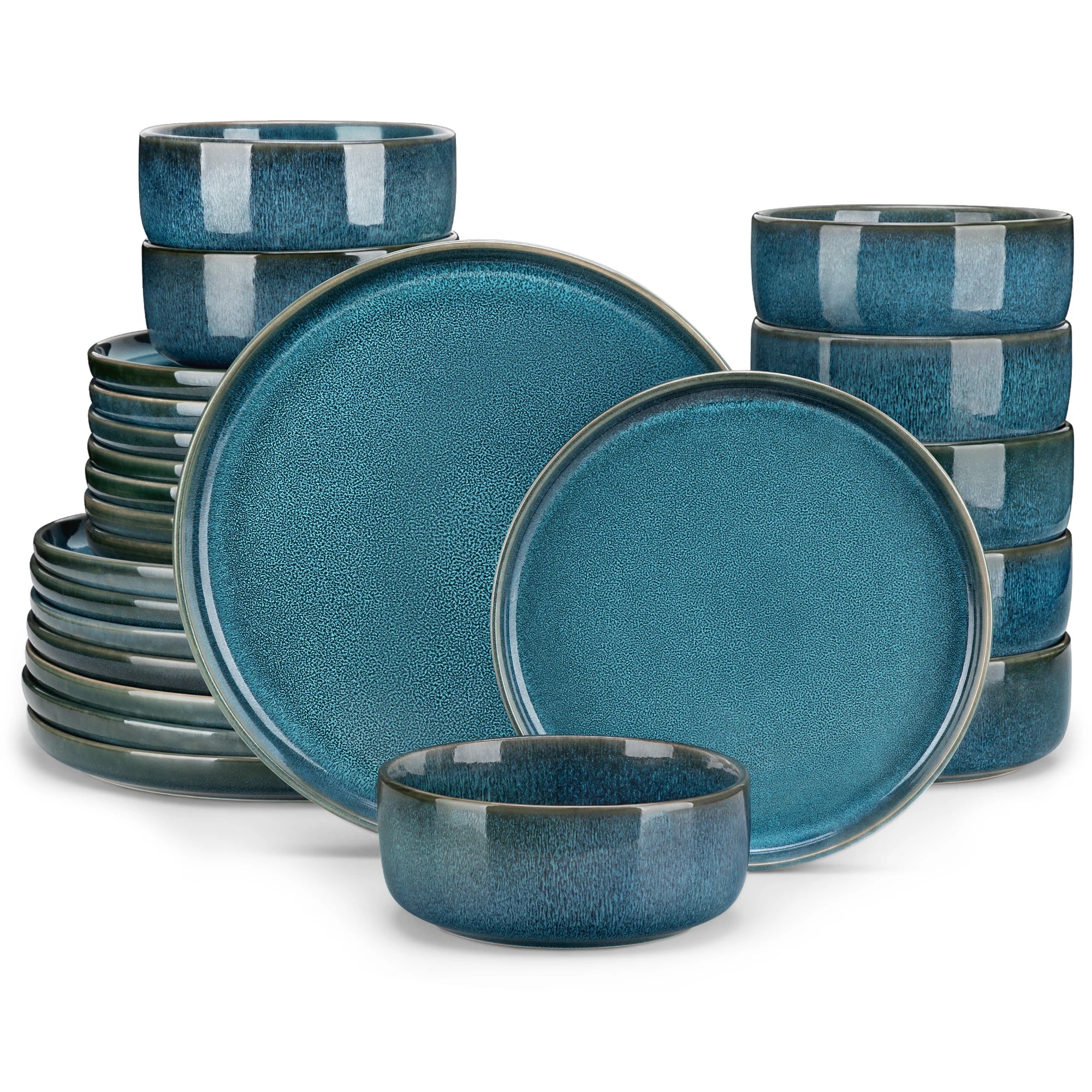 Blue Reactive Glaze Ceramic Tableware Set — 12 or 24 Piece Dinner Set