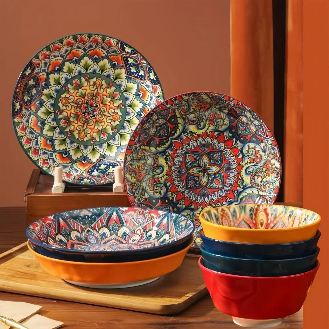 Bohemian Ceramic Tableware Set — 7 Piece with Dessert Plates, Steak Plate, Pasta & Soup Bowls