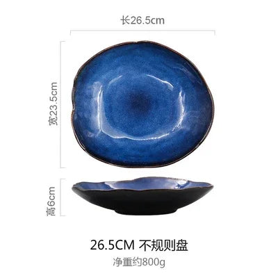Blue Glaze Artisan Ceramic Dinner Plate & Salad Bowl Set — Irregular Edge Tableware