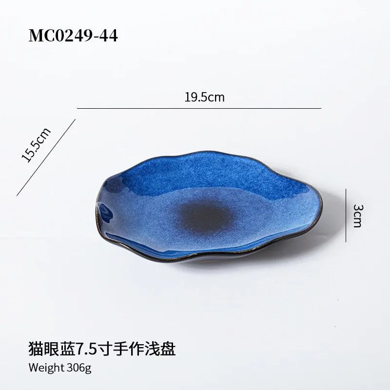 Cat Eye Blue Ceramic Flat Plate — Irregular Artisan Dinnerware & Display Dish