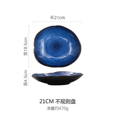 Blue Glaze Artisan Ceramic Dinner Plate & Salad Bowl Set — Irregular Edge Tableware