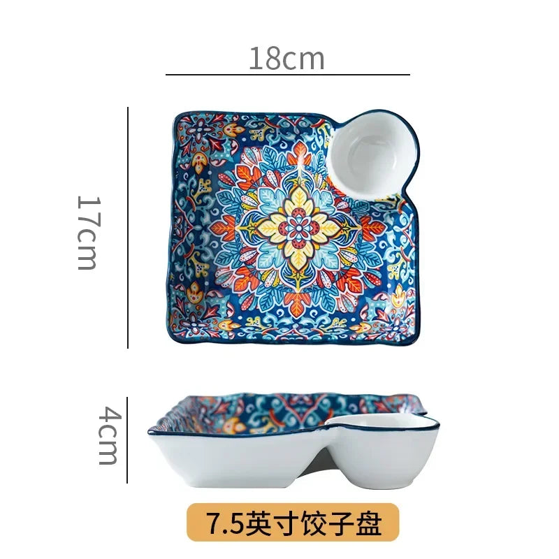 Divided Ceramic Plate with Sauce Dish — Persian-Style Tableware for Mezze & Dips