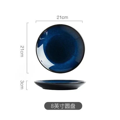 Blue Kiln-Change Ceramic Tableware Set — Reactive Glaze Bowls & Dinner Plates