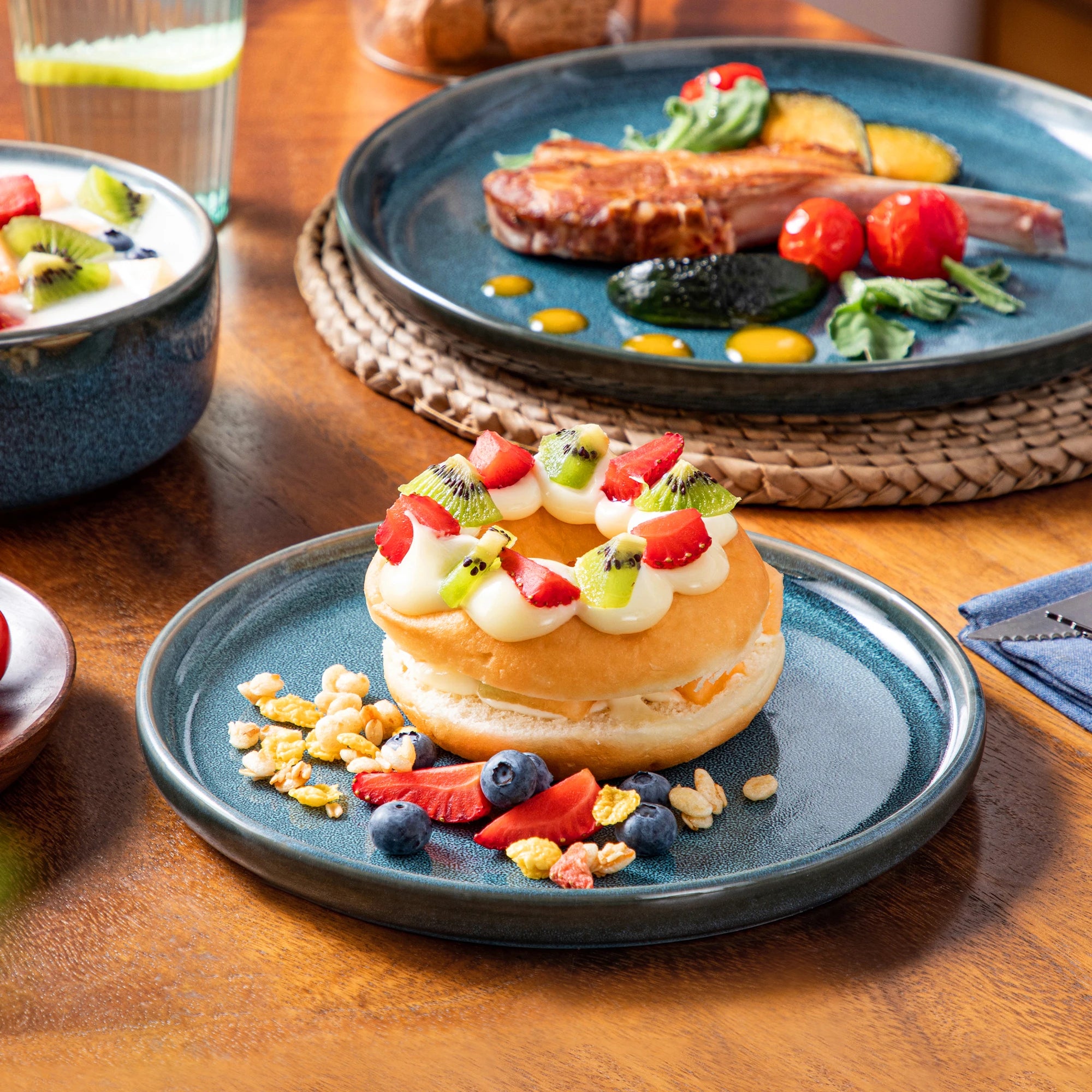 Blue Reactive Glaze Ceramic Tableware Set — 12 or 24 Piece Dinner Set
