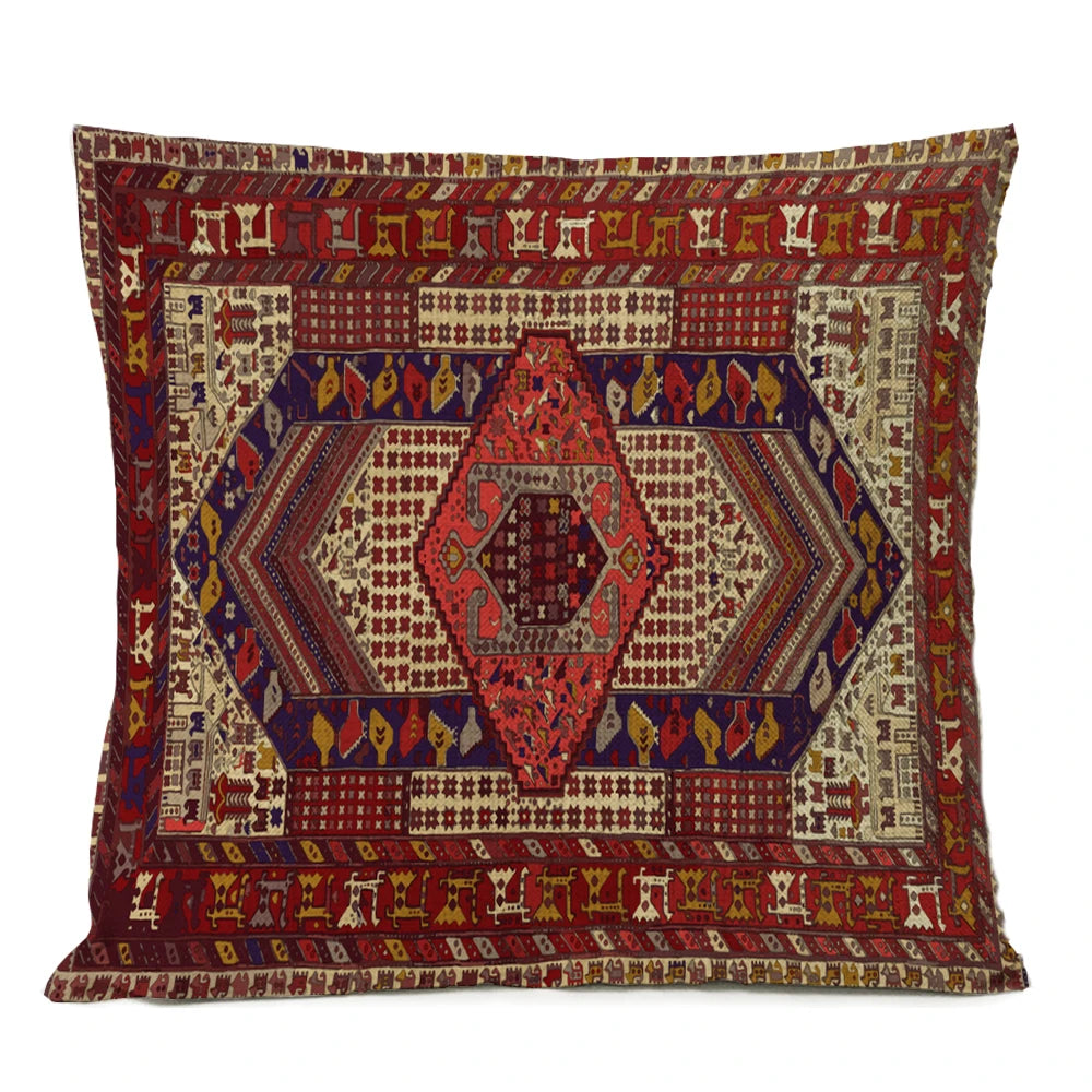 Ethnic Persian Carpet Cushion Cover — Geometric Red & Blue Tribal Pattern, 45x45cm or 50x50cm