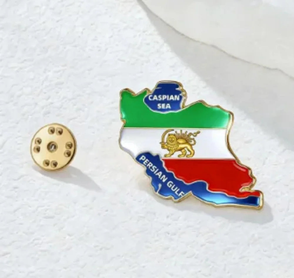 Persian Lion & Sun Iran Map Flag Pin Brooch — Lightweight Stainless Steel Jewelry Gift