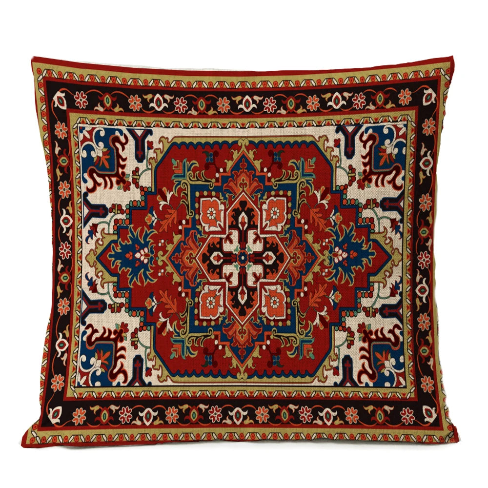 Ethnic Persian Carpet Cushion Cover — Geometric Red & Blue Tribal Pattern, 45x45cm or 50x50cm