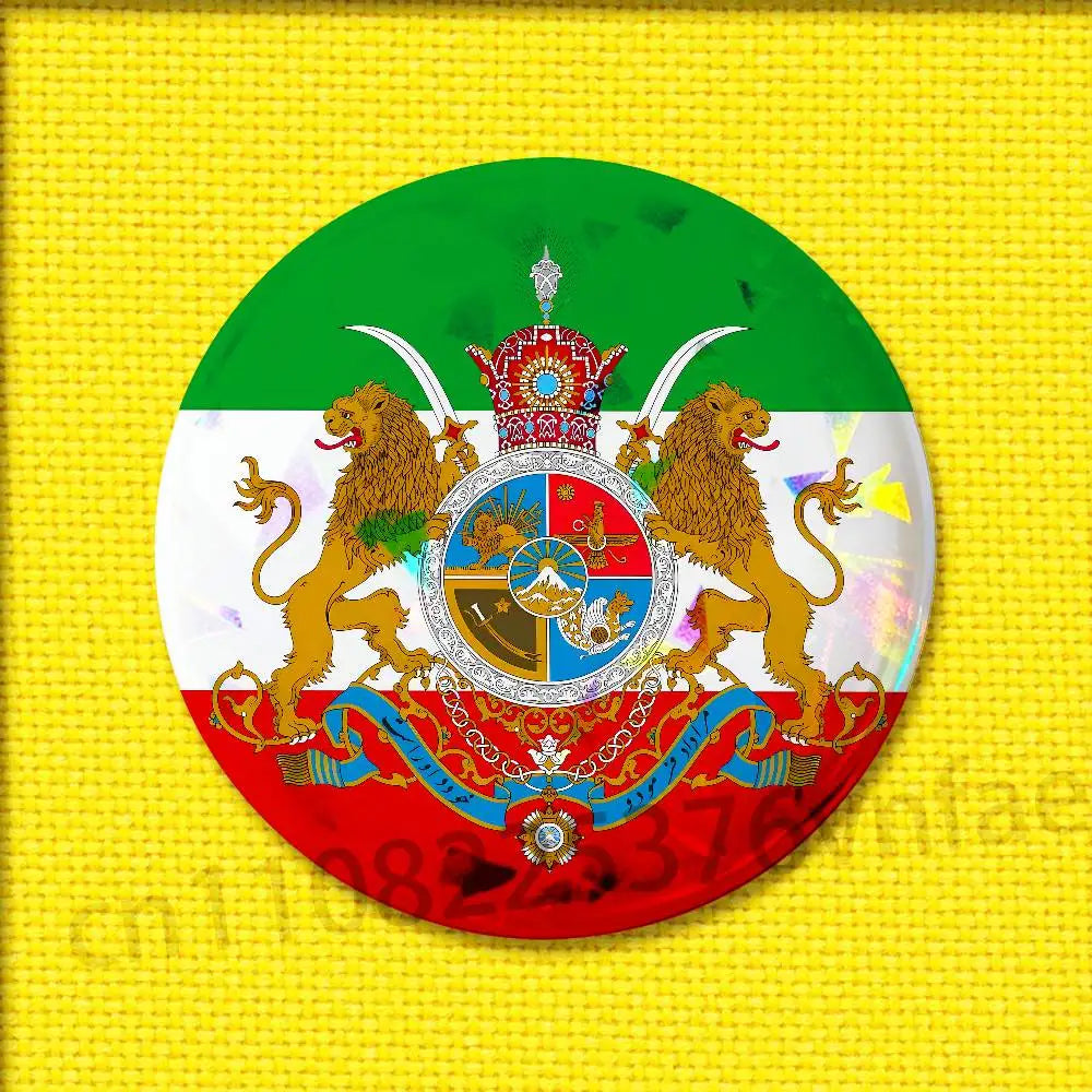 Imperial Coat of Arms of Iran Round Pin Badge — Lion, Sun & Crown Brooch in 4 Sizes