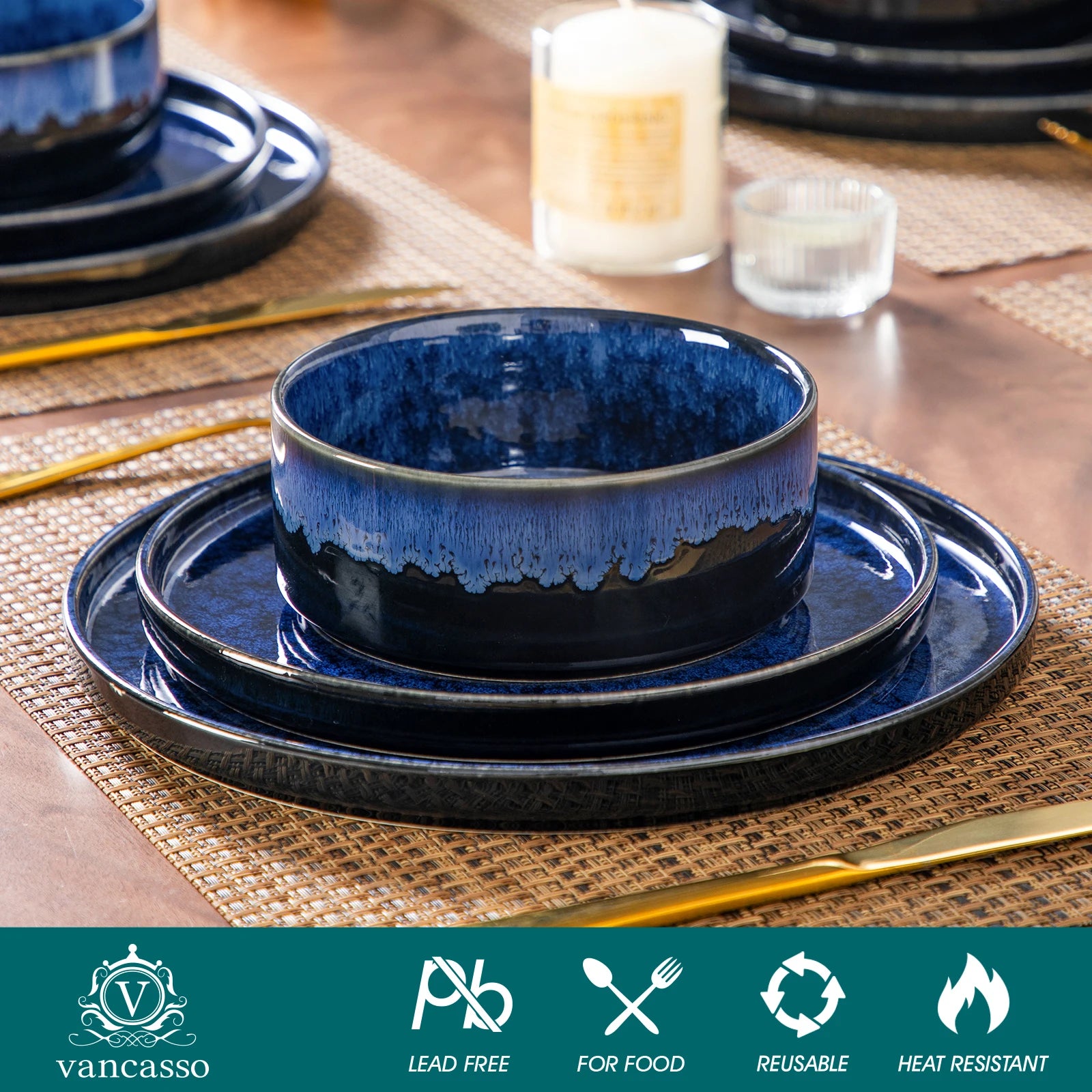 Black & Blue Reactive Glaze Ceramic Dinner Set — 12 or 24 Piece Tableware