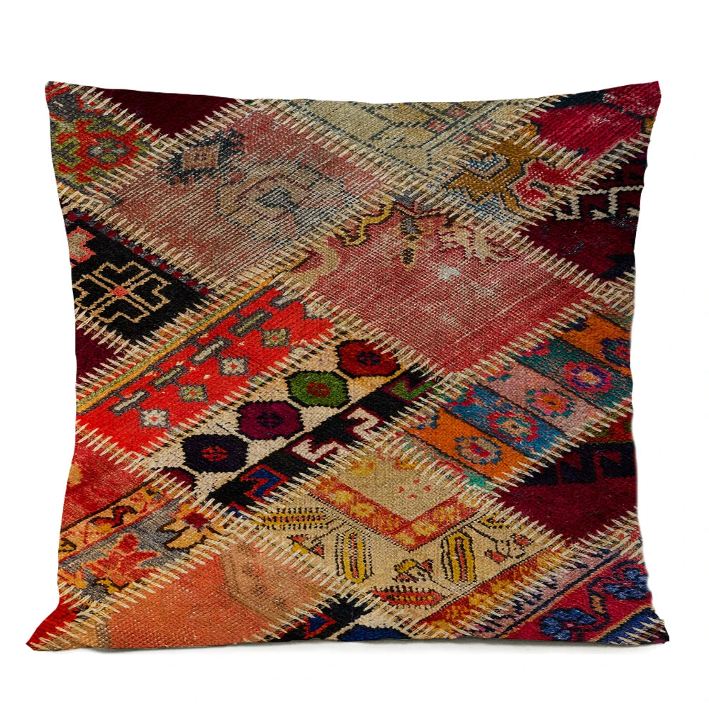 Ethnic Persian Carpet Cushion Cover — Geometric Red & Blue Tribal Pattern, 45x45cm or 50x50cm