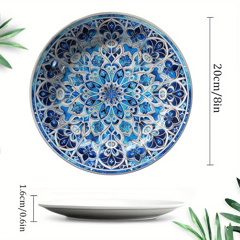 Vibrant Persian Blue Floral Mandala Ceramic Decor Plate - Hanging Wall Art， Suitable for families, living rooms, and offices