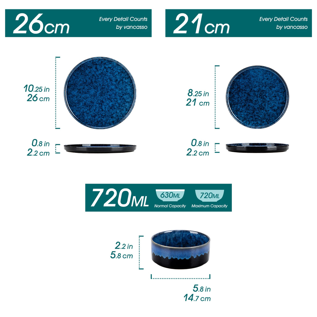 Black & Blue Reactive Glaze Ceramic Dinner Set — 12 or 24 Piece Tableware