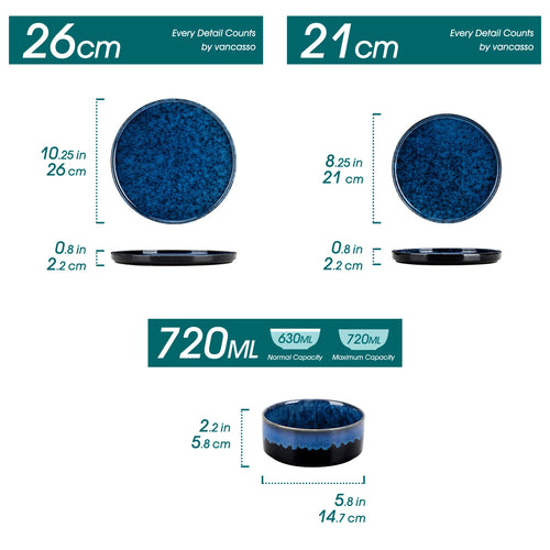 Black & Blue Reactive Glaze Ceramic Dinner Set — 12 or 24 Piece Tableware