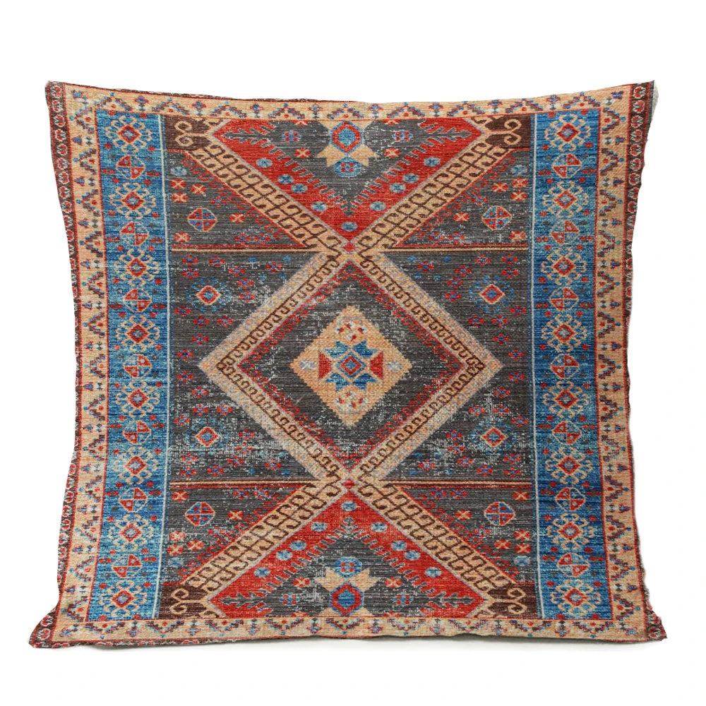 Ethnic Persian Carpet Cushion Cover — Geometric Red & Blue Tribal Pattern, 45x45cm or 50x50cm