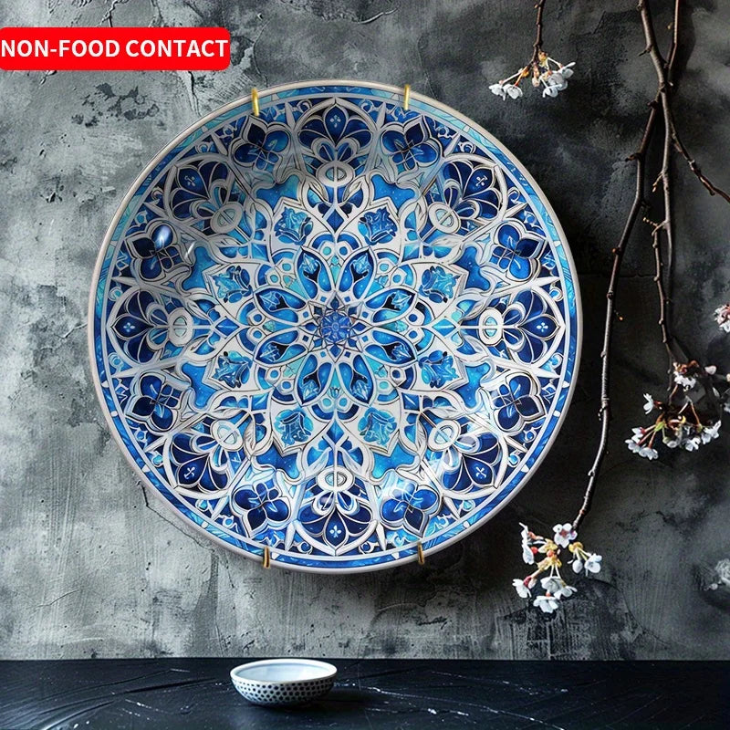 Lebendige persisch-blaue florale Mandala Keramik-Dekorplatte – Wandbehang, geeignet für Familien, Wohnzimmer und Büros