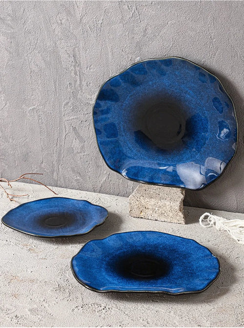 Cat Eye Blue Ceramic Flat Plate — Irregular Artisan Dinnerware & Display Dish
