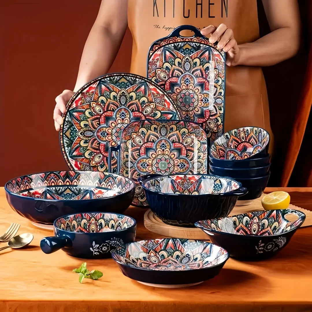 Bohemian Ceramic Tableware Set — 7 Piece with Dessert Plates, Steak Plate, Pasta & Soup Bowls