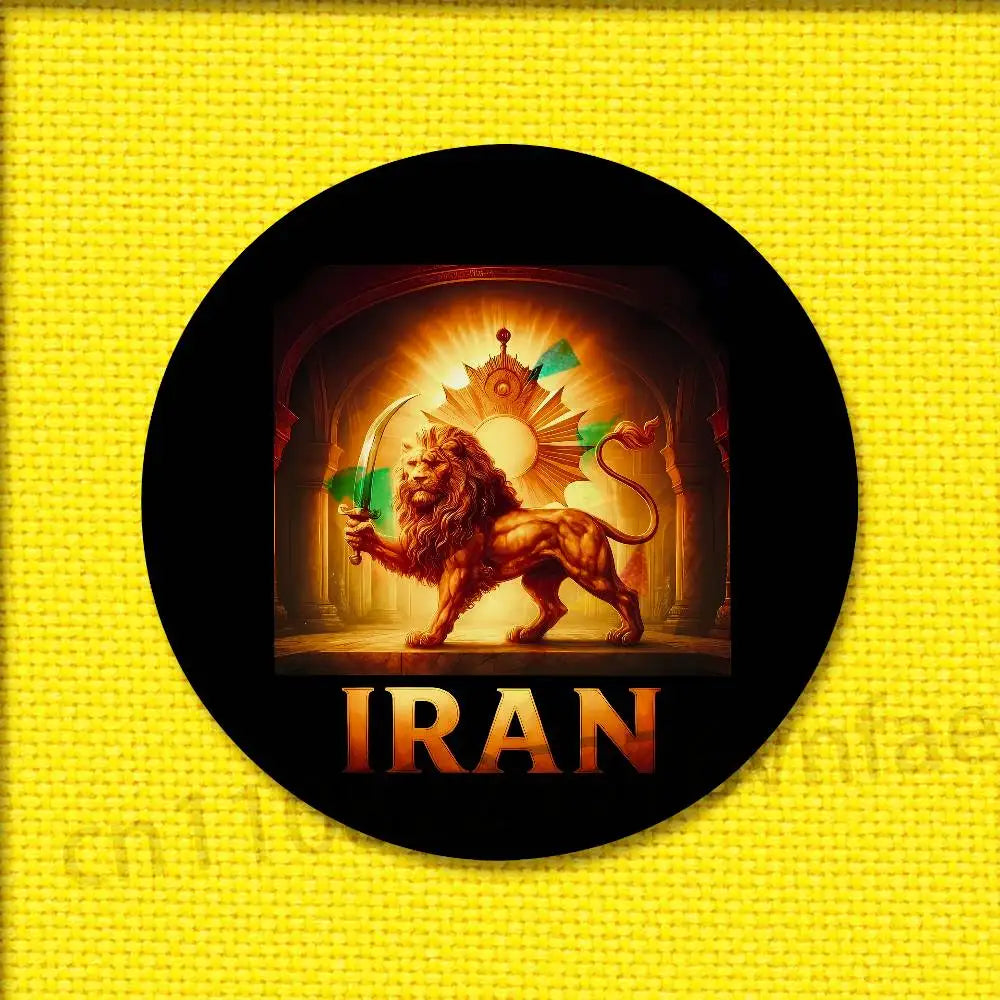 Imperial Coat of Arms of Iran Round Pin Badge — Lion, Sun & Crown Brooch in 4 Sizes