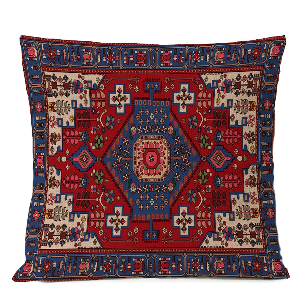 Ethnic Persian Carpet Cushion Cover — Geometric Red & Blue Tribal Pattern, 45x45cm or 50x50cm