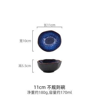 Blue Glaze Artisan Ceramic Dinner Plate & Salad Bowl Set — Irregular Edge Tableware