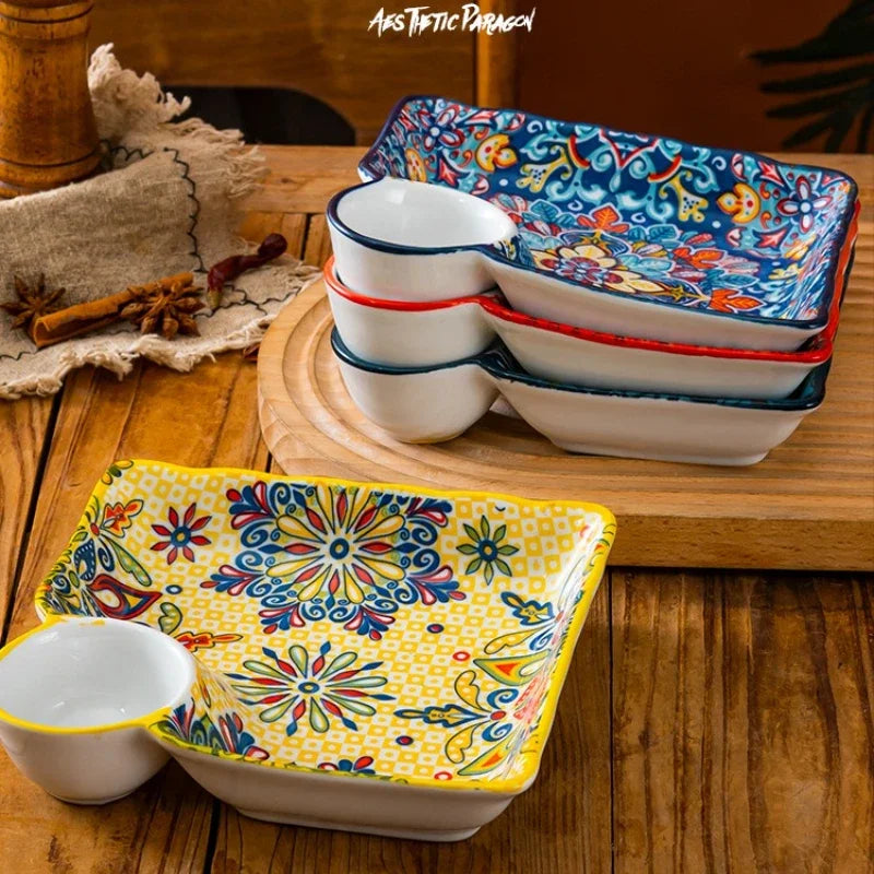 Divided Ceramic Plate with Sauce Dish — Persian-Style Tableware for Mezze & Dips