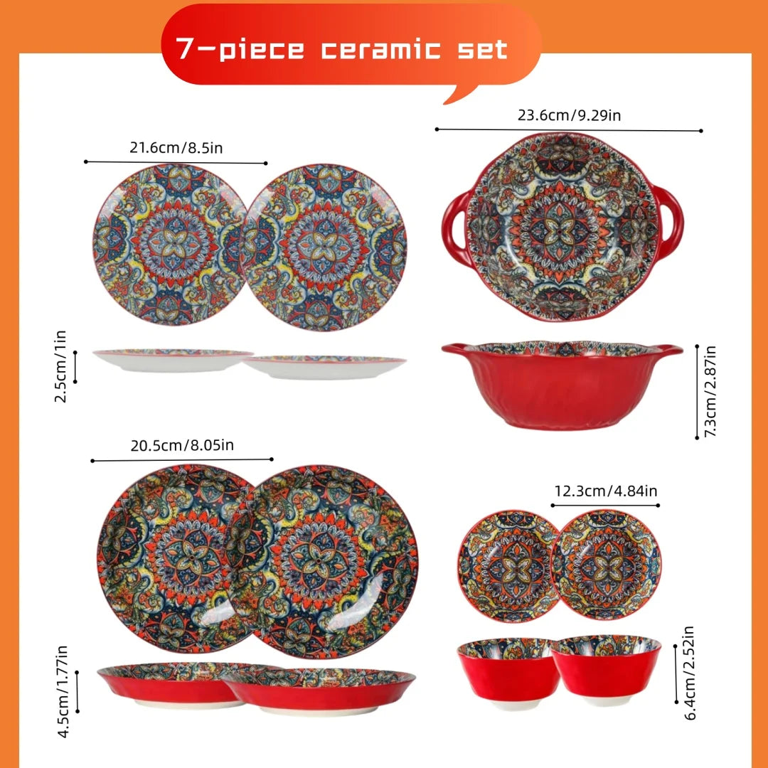 Bohemian Ceramic Tableware Set — 7 Piece with Dessert Plates, Steak Plate, Pasta & Soup Bowls