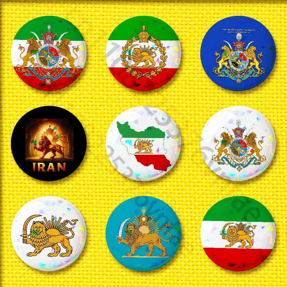 Imperial Coat of Arms of Iran Round Pin Badge — Lion, Sun & Crown Brooch in 4 Sizes