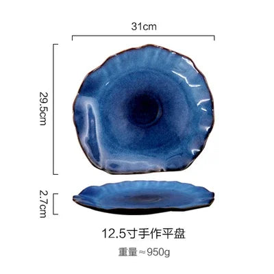 Blue Glaze Artisan Ceramic Dinner Plate & Salad Bowl Set — Irregular Edge Tableware