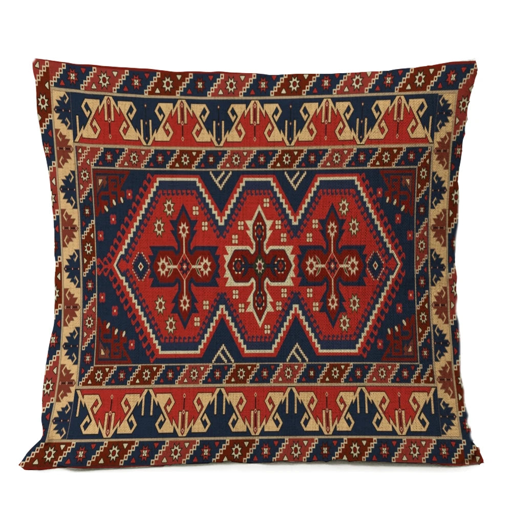 Ethnic Persian Carpet Cushion Cover — Geometric Red & Blue Tribal Pattern, 45x45cm or 50x50cm