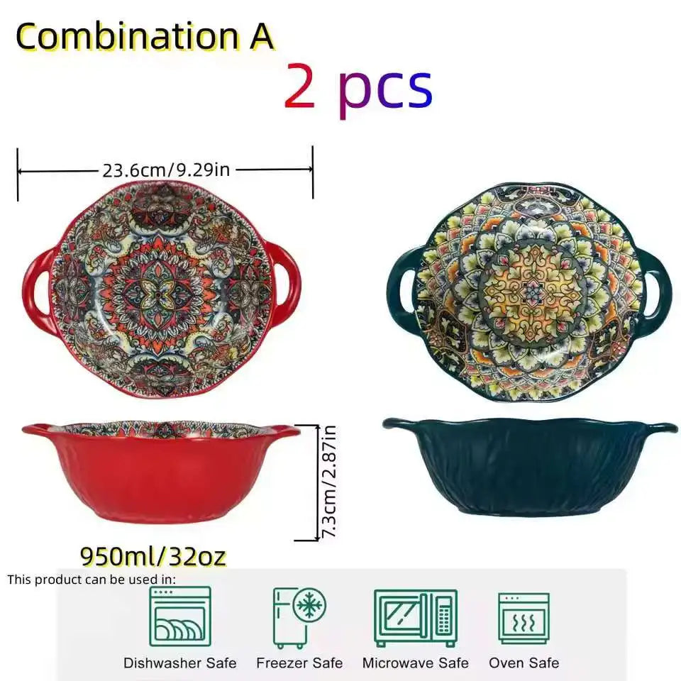 Bohemian Ceramic Tableware Set — 7 Piece with Dessert Plates, Steak Plate, Pasta & Soup Bowls