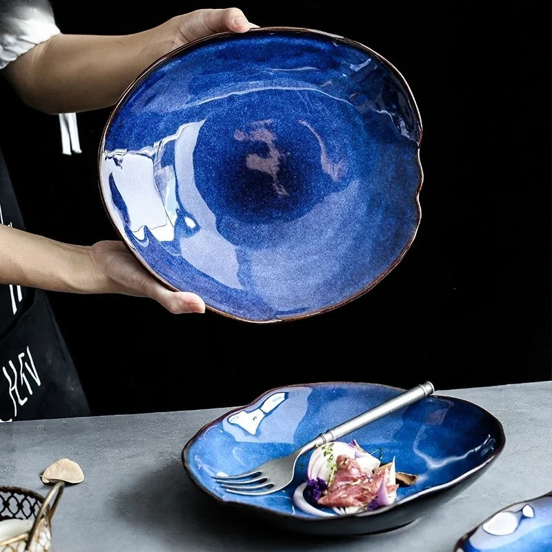 Blue Glaze Artisan Ceramic Dinner Plate & Salad Bowl Set — Irregular Edge Tableware