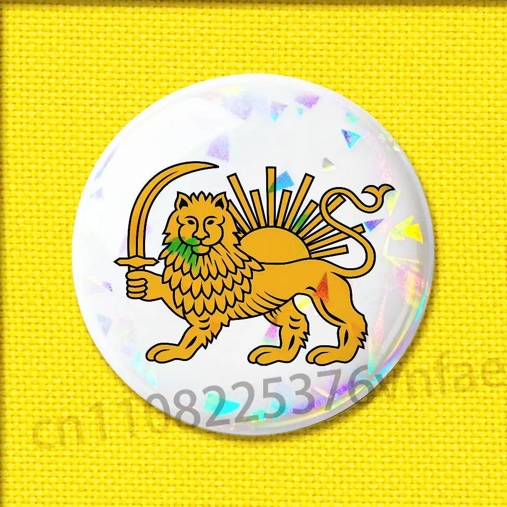 Imperial Coat of Arms of Iran Round Pin Badge — Lion, Sun & Crown Brooch in 4 Sizes