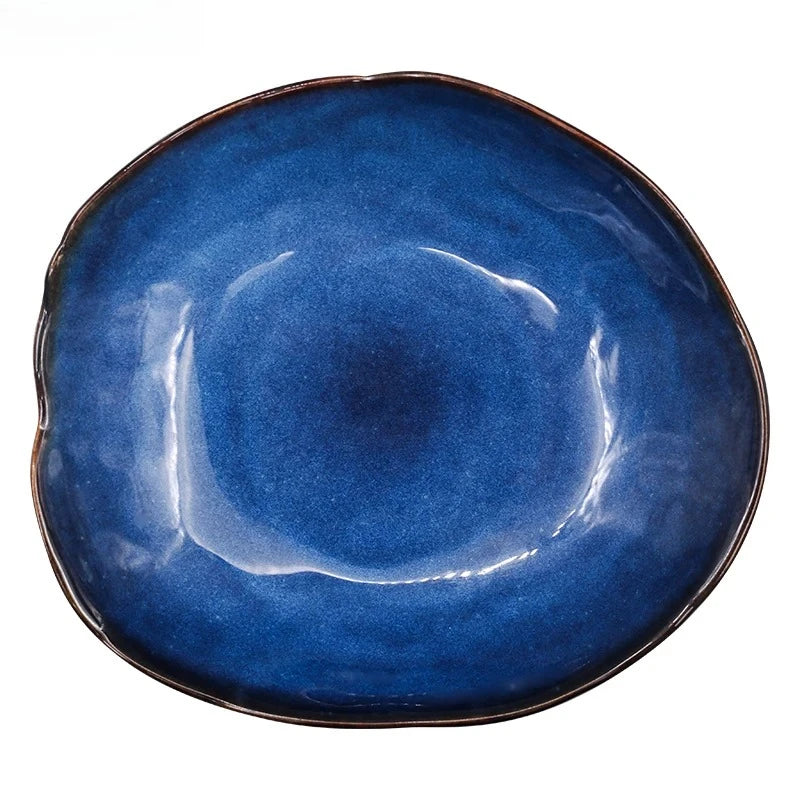 Blue Glaze Artisan Ceramic Dinner Plate & Salad Bowl Set — Irregular Edge Tableware